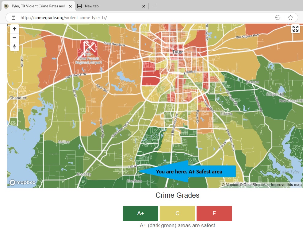 Map of Tyler showing Tall Timbers in the safest neighborhood