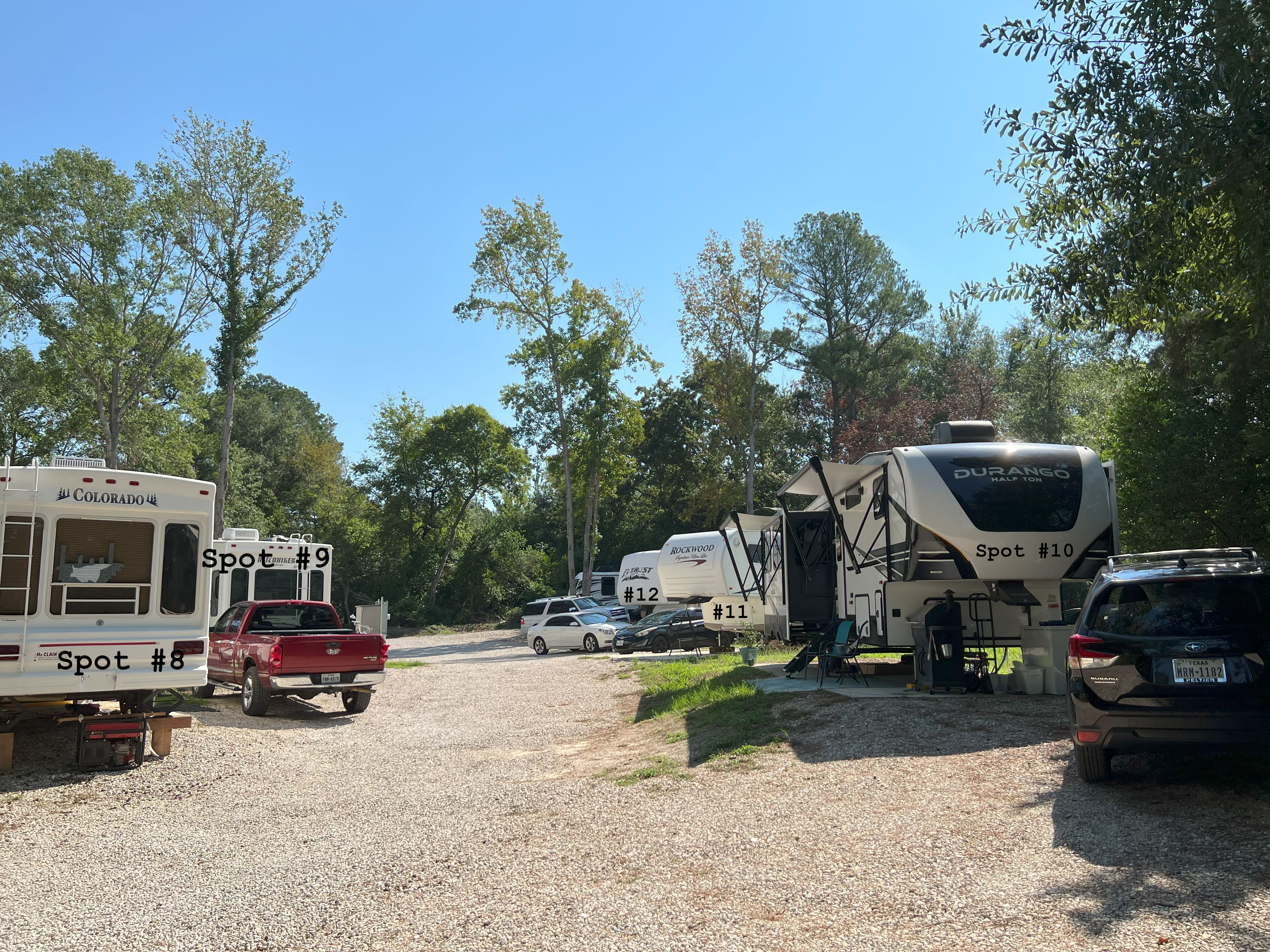 RV spots 8 through 12 facing south with full hookups, concrete pads, and plenty of room for parking next to each site