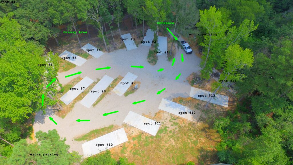 Labeled aerial view of Tall Timbers RV Park showing RV site numbers, entrance, drive direction arrows, and extra parking areas